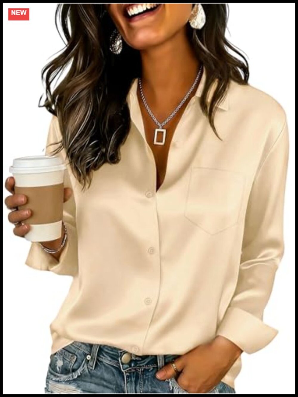 Women Satin Button Down Blouse Long Sleeve V-Neck Office Top